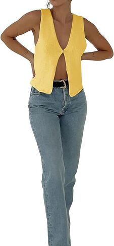 Women Y2k Knit Vest Top Sleeveless V Neck Hollow Out Open Front Button Down Crochet Knit Tank Vest Streetwear in Saudi Arabia
