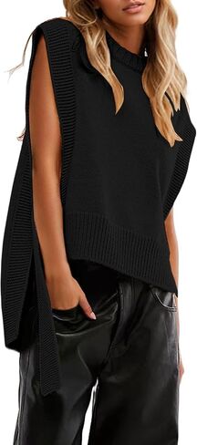 سترة نسائية من Livtany بدون أكمام ورقبة دائرية، مقاس كبير، بحاشية عالية ومنخفضة، ملابس خريفية سادة مع ربطة جانبية باللون الأسود in Kuwait