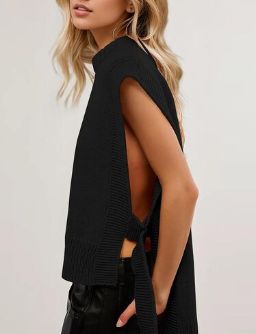 سترة نسائية من Livtany بدون أكمام ورقبة دائرية، مقاس كبير، بحاشية عالية ومنخفضة، ملابس خريفية سادة مع ربطة جانبية باللون الأسود in Kuwait