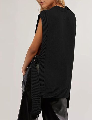 سترة نسائية من Livtany بدون أكمام ورقبة دائرية، مقاس كبير، بحاشية عالية ومنخفضة، ملابس خريفية سادة مع ربطة جانبية باللون الأسود in Kuwait