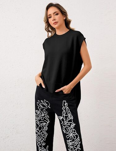 سترة نسائية من Livtany بدون أكمام ورقبة دائرية، مقاس كبير، بحاشية عالية ومنخفضة، ملابس خريفية سادة مع ربطة جانبية باللون الأسود in Kuwait