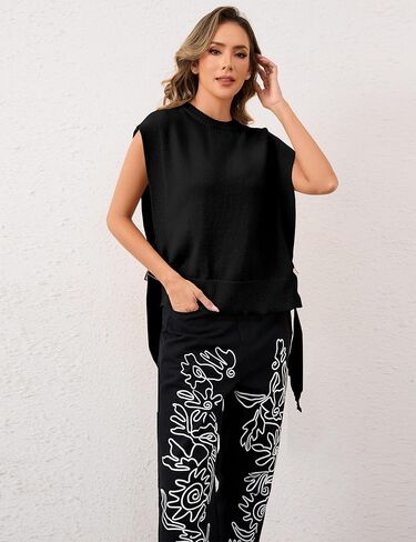 سترة نسائية من Livtany بدون أكمام ورقبة دائرية، مقاس كبير، بحاشية عالية ومنخفضة، ملابس خريفية سادة مع ربطة جانبية باللون الأسود in Kuwait