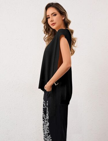 سترة نسائية من Livtany بدون أكمام ورقبة دائرية، مقاس كبير، بحاشية عالية ومنخفضة، ملابس خريفية سادة مع ربطة جانبية باللون الأسود in Kuwait