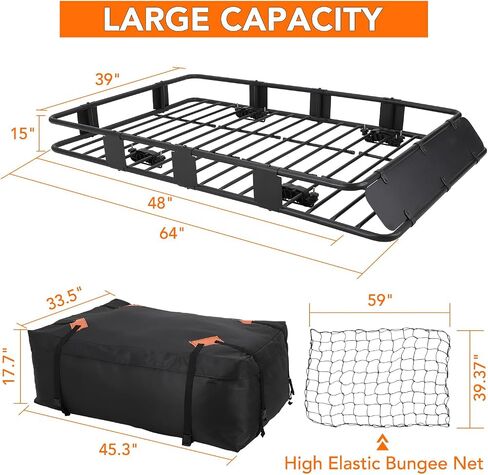Roof Rack Cargo Basket 64 x 39 in Universal SUV Rooftop Cargo Basket Carrier for Car SUV Truck,Roof Cargo Basket with Cargo Bag,Luggage Lock,Net,Ratchet Straps Adjustable Roof Basket 48"x 39" in Saudi Arabia