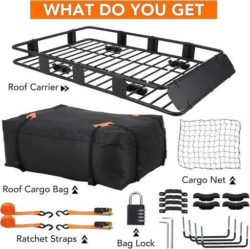 Roof Rack Cargo Basket 64 x 39 in Universal SUV Rooftop Cargo Basket Carrier for Car SUV Truck,Roof Cargo Basket with Cargo Bag,Luggage Lock,Net,Ratchet Straps Adjustable Roof Basket 48"x 39" in Saudi Arabia