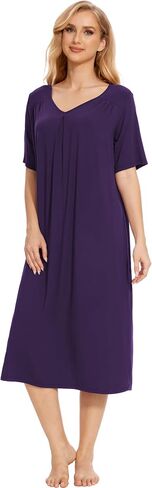 Bamboo-Derived Viscose Nightgowns for Women Short Sleeve Sleepwear Soft V-neck Loose Night Dress in Saudi Arabia