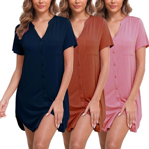 3 Pack Sleep Shirts for Women Button Down Nightgowns V Neck Short Sleeve Sleepwear Soft Comfy Nightshirt in Saudi Arabia