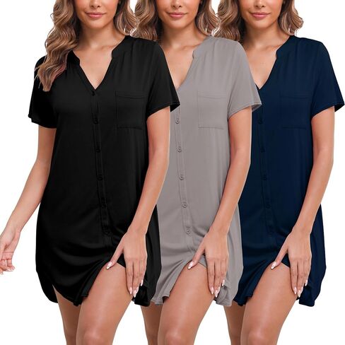 3 Pack Sleep Shirts for Women Button Down Nightgowns V Neck Short Sleeve Sleepwear Soft Comfy Nightshirt in Saudi Arabia