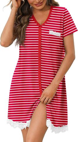 Ekouaer Nightgowns for Women Button Down Nightgown Striped Dress Short Sleeve Sleepwear S-3XL in Saudi Arabia