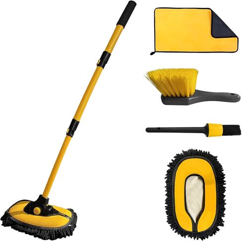 Car Wash Brush with Long Handle, Microfiber Car Wash Mop with Replaceable Chenille Brush Head, Soft Cleaning Brush with 15° Curved Extension Pole Car Wash Kit for RV Truck Camper, YELLOW in Kuwait