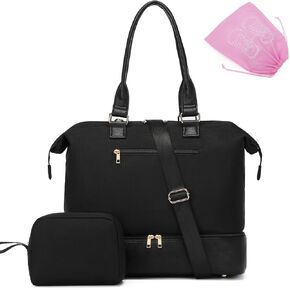 Weekender Bags for Women Travel, Large Duffle Bag with Shoe Compartment, Carry On Personal Item Tote Overnight Hospital Bag with Trolley Sleeve, Black