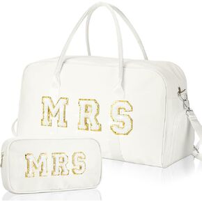 2 Pcs Wedding Weekender Bag Bride Groom Duffle Bag Chenille Letter Patch Travel Bag for Bridal Shower Honeymoon Gift(BRIDE)