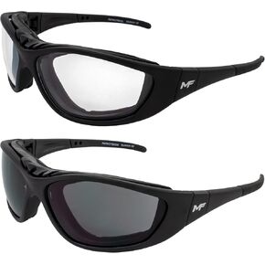 2 pairs of MotoFrames MF Patriot Motorcycle Safety Bifocal Glasses Black Frames w/Clear And Smoke Lenses +2.0 Magnification & Convertible to Goggles