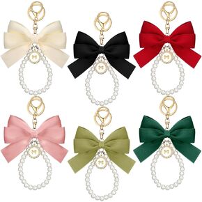 Sureio 6 Pcs Bow Keychain Wristlet for Women Cute Bow Pearl Keychain Lovely Bow Beaded Keyring Pretty Pearl Bow Bag Keychain Accessories for Purse Backpacks Handbags Home Keys