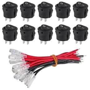 10 Pack Round Rocker Switch 12V ON Off 12 Volt DC Circle Toggle Switch 2 Pin SPST 6A/250V 10A/125V AC 20MM Rocker Switch with Wires for Auto Car Marine Boat Household Appliances