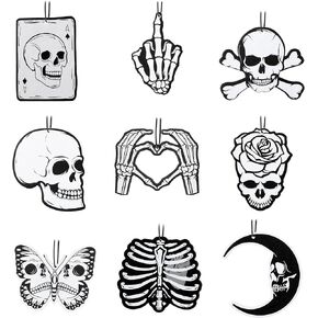 9 Pcs Skull Car Air Fresheners Horror Goth Punk Skeleton Crossbones Incense Chips Scented Diffuser Rearview Mirror Hanging Pendant Ornaments Cool Halloween Decor Automotive Interior Accessories Gifts