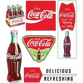 Coca-Cola Vintage Style Art Vinyl Sticker Set, Peel and Stick Decals for Laptops, Cars, Lockers, Notebooks, Planners, Water Bottles (Set of 6), 2 to 4 Inches