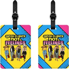 2 Pcs Catch Flights Not Feelings Luggage Tags – Stylish African American Girl Travel Bag Tags – PU Leather ID Tags for Suitcases, Backpacks & Gym Bags – Fun Travel Accessories for Women & Teens