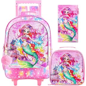 3PCS Unicorn Rolling Backpack for Girls, Kids Sequins School Backpacks with Wheels, Water Resistant Roller Wheeled Bookbag Set with Lunch Box