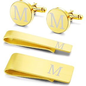 LOYALLOOK 4Pcs Stainless Steel Engraved Initial Cufflinks and Tie Bar Money Clip Set Personalized Button Shirt Initials Tie Clip Alphabet Letter A-Z with Gift Box for Best Man Groom Wedding Business