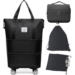 Barsine Rolling Duffle Bag whit Wheels, Large Expandable Tote Bags for Weekend Overnight Carry On Wheeled Duffel with Travel Essentials Bag, Black