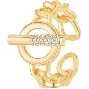 18k Gold Plated Adjustable Rings, Gold Chunky Rings, Heart Rings | Double Cross Rings | T Bar Rings | Butterfly Ring | OT Rings Open Cubic Zirconia Simulated Diamond Ring for Women. Size From 5-8