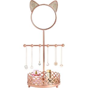 Cat Necklace Holder- Metal Jewelry Organizer Stand with Cat shape, Necklace display with kitty mirror for Bangles, Necklaces, Bracelets,Watch and Metal Aesthetic Room Decor