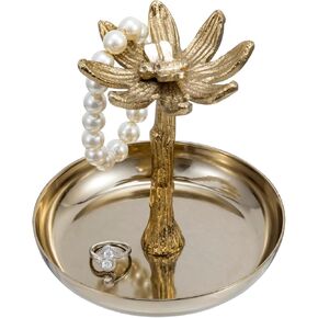 MyGift Brass-Tone Metal Jewelry Bracelet Display Stand with Ring Tray Earring Holder Dish, Vintage Cast Aluminum Flower and Bee Design - Handcrafted in India
