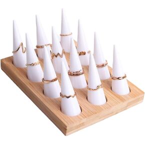 GemeShou Wood Jewelry Ring Holder with 12pcs White Acrylic Ring Cone, Wood ring storage organizer, Acrylic ring cone holder, retail jewelry ring display【Acrylic Ring Holder 12pcs White Cone】