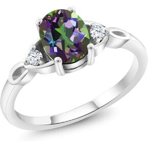 Gem Stone King 925 Sterling Silver Green Mystic Topaz and White Zirconia 3-Stone Rings For Women (1.64 Cttw, Gemstone, Oval 8X6MM, Available In Size 5, 6, 7, 8, 9)