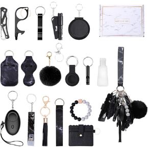 Safety Keychain Set for Women, with Personal Alarms, Bottle Opener, Pom Pom, Mirror, Whistle, Bead String, Card Bag