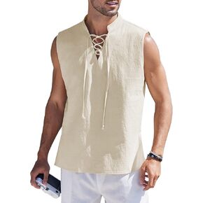 COOFANDY Men Tank Top Cotton Linen Beach Sleeveless Shirt Lace Up Bohemian Hippie Renaissance Pirate Kilt Medieval Tunic