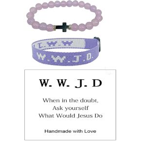 Fuqimanman2020 WWJD Braided Rope Bracelet Cross Crystal Beaded Bracelet Set With Matching Card What Would Jesus Do Religious Christian Faith Jewelry for Women Men