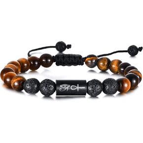 MEALGUET Ankh and Eye of Horus Symbol Engraved Egyptian Jewelry Handmade Natural Lava Rock and Tiger's Eye Beads Bracelet Yoga Spiritual Bracelet Amulet Protection Jewelry Gift for Men Women