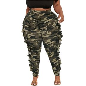 WDIRARA Women's Plus Size Ruffle Camo Print Pants Elastic High Waisted Leggings Skinny Pants