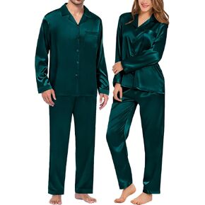 SWOMOG Men Satin Silk Pajamas Set Long Sleeve Sleepwear Button Down 2 pcs Loungewear Deep Green Medium