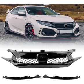 Front Hood Mesh Grill Grille for 2016-2018 Honda Civic FK8 Type R Style Glossy Black Front Bumper Grille