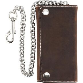 محفظة رجالية ثلاثية الطي بتصميم عتيق طويل من جلد البقر المحبب بسلسلة فولاذية، صنع في الولايات المتحدة الأمريكية، إغلاق بالإطباق، ab339، بني عتيق in Kuwait