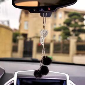 Bling Car Interior Accessories for Women Girls, Car Mirror Hanging Ornament, Love Heart & Plush Ball Decor Ornament Pendant, Car Hanging Decoration Charm Pendant (Pink)