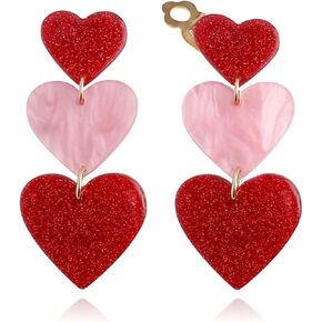 Clip on Earrings Non Pierced for Women, Simple Cute Pink Earrings Dangle for Women, Unique Lightweight Geometric Resin Triple Pink Heart Dangle Drop Earrings No Piercing Christmas Earrings
