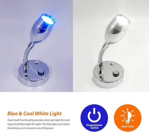 أضواء القراءة RV من Dream Lighting بجهد 12 فولت LED بجانب السرير مع مفتاح تثبيت على الحائط بلمسة نهائية من الكروم، إضاءة زرقاء وبيضاء باردة، حزمة من 2 in Kuwait