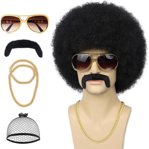 70s Mens Afro Wig 5pcs Set (Wig+ Glasses+ Necklace+ Mustache+ Wig Cap) Short Curly Afro Male Wigs For 70s 80s Retro Disco Outfit Men Party Cosplay Costume Halloween Use（Black） in Saudi Arabia