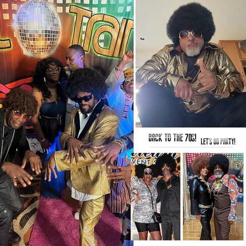 70s Mens Afro Wig 5pcs Set (Wig+ Glasses+ Necklace+ Mustache+ Wig Cap) Short Curly Afro Male Wigs For 70s 80s Retro Disco Outfit Men Party Cosplay Costume Halloween Use（Black） in Saudi Arabia