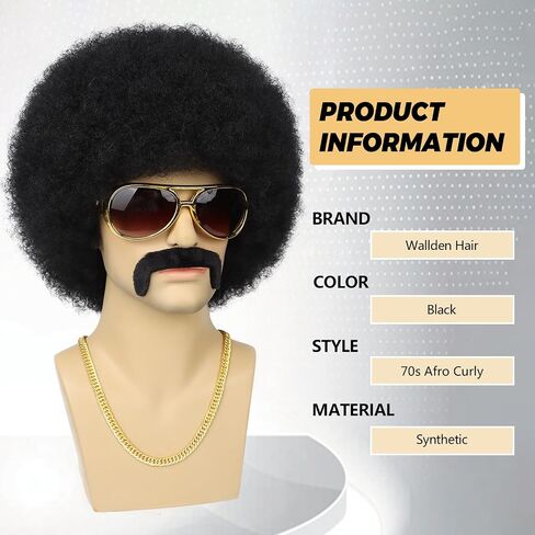 70s Mens Afro Wig 5pcs Set (Wig+ Glasses+ Necklace+ Mustache+ Wig Cap) Short Curly Afro Male Wigs For 70s 80s Retro Disco Outfit Men Party Cosplay Costume Halloween Use（Black） in Saudi Arabia