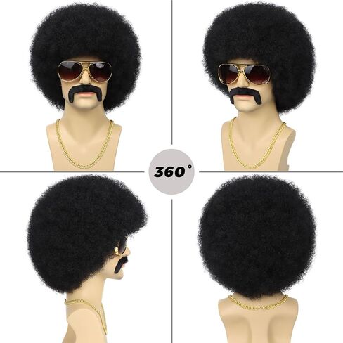 70s Mens Afro Wig 5pcs Set (Wig+ Glasses+ Necklace+ Mustache+ Wig Cap) Short Curly Afro Male Wigs For 70s 80s Retro Disco Outfit Men Party Cosplay Costume Halloween Use（Black） in Saudi Arabia