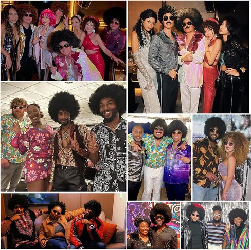70s Mens Afro Wig 5pcs Set (Wig+ Glasses+ Necklace+ Mustache+ Wig Cap) Short Curly Afro Male Wigs For 70s 80s Retro Disco Outfit Men Party Cosplay Costume Halloween Use（Black） in Saudi Arabia
