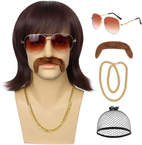 70s Mens Afro Wig 5pcs Set (Wig+ Glasses+ Necklace+ Mustache+ Wig Cap) Short Curly Afro Male Wigs For 70s 80s Retro Disco Outfit Men Party Cosplay Costume Halloween Use（Black） in Saudi Arabia