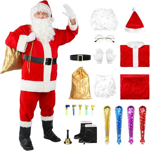 Santa Claus Costume for Men Santa Suit Adults 26pc Deluxe Velvet Father Christmas Costume Xmas Red Cosplay Outfit in Saudi Arabia