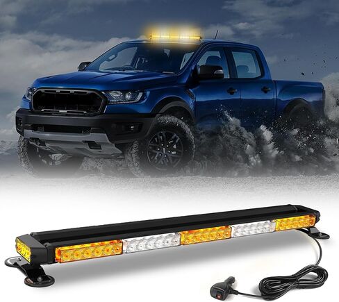 شريط أضواء ستروب LED 66 بوصة باللون الأبيض الكهرمان مقاس 32 بوصة، أضواء بناء تحذيرية وامضة للطوارئ مطورة للشاحنات وسيارات الإسعاف ومركبات السحب in Kuwait