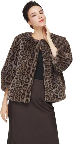 Women Faux Fur Leopard Coats Cropped Jacket with Pockets Long Sleeve Shaggy Warm Outerwear for Fall Winter in Saudi Arabia